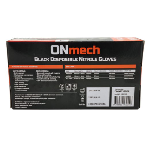 Onmech Black Nitrile Gloves Medium 100 Pack - OMNIT100BM