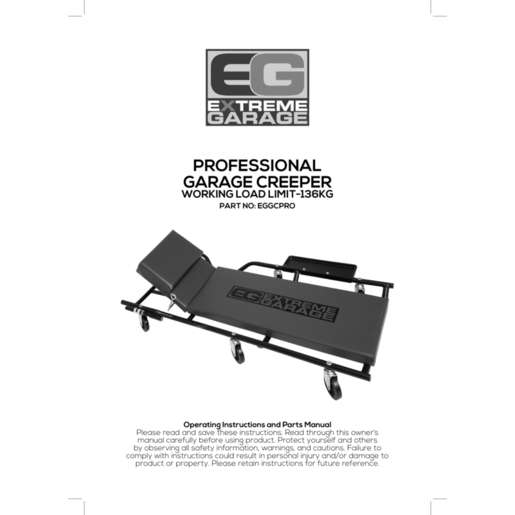 Extreme Garage Professional Creeper With Tool Tray & Light - EGGCPRO