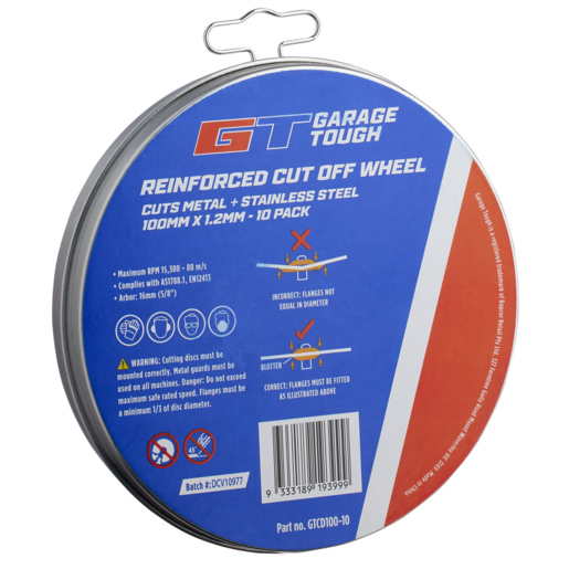 Garage Tough Reinforced Cut Off Wheel 100mm x 1.2mm 10 Pack - GTCD100-10