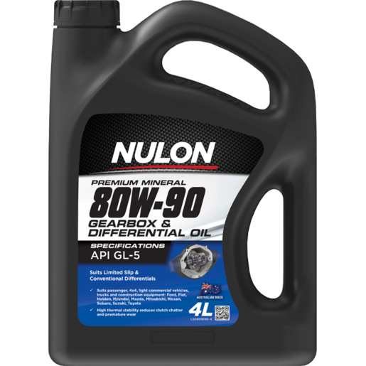 Nulon API GL-5 80W-90 Premium Mineral Gearbox & Differential Oil 4L - LSD80W90-4