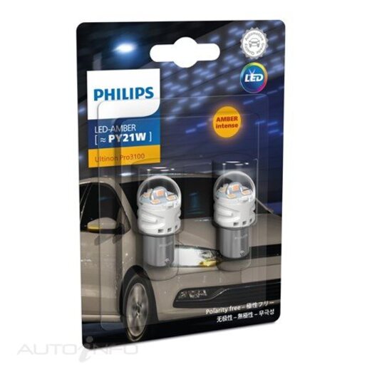 Philips Ultinon Pro3100 LED Headlight Globe Amber PY21W Pack of 2 - 11496AU31B2