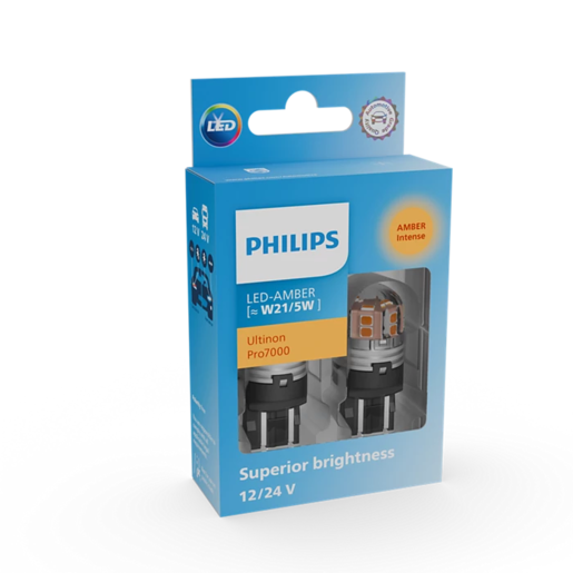 Philips Ultinon Pro7000 LED Globe Amber W21/5W 12/24V Pack of 2 - 11066AU70X2