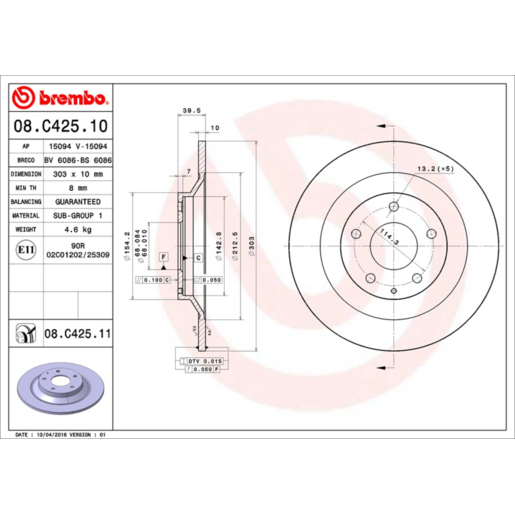 Brembo Disc Brake Rotor Rear - 08.C425.11