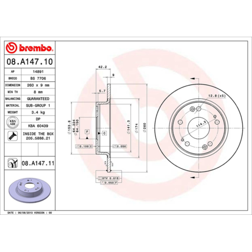 Brembo Disc Brake Rotor Rear - 08.A147.11