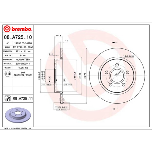 Brembo Disc Brake Rotor Rear - 08.A725.11