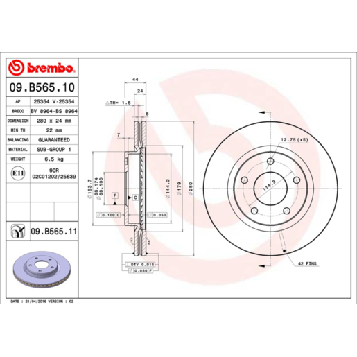 Brembo Disc Brake Rotor Front - 09.B565.11