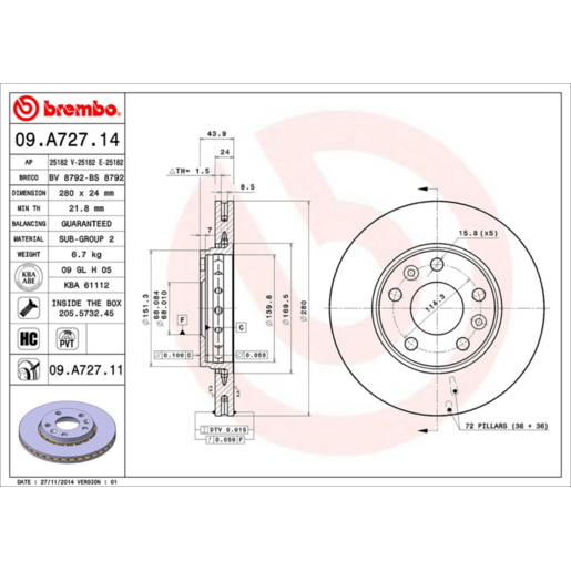 Brembo Disc Brake Rotor Front - 09.A727.11