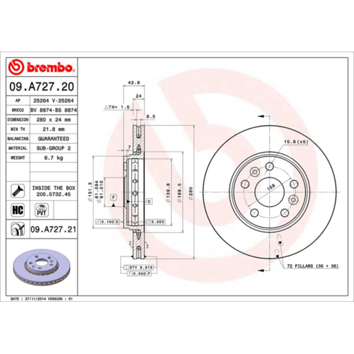 Brembo Disc Brake Rotor Front - 09.A727.21