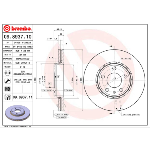 Brembo Disc Brake Rotor Front - 09.8937.11