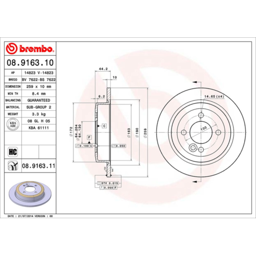 Brembo Disc Brake Rotor Rear - 08.9163.11