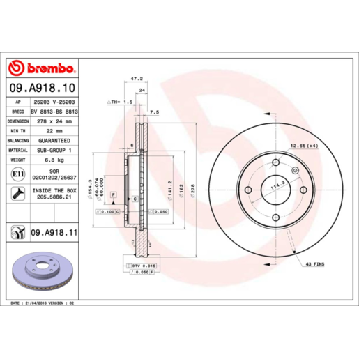 Brembo Disc Brake Rotor Front - 09.A918.11