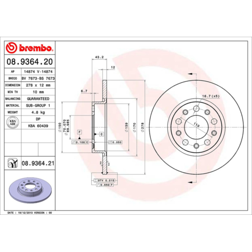 Brembo Disc Brake Rotor Rear - 08.9364.21