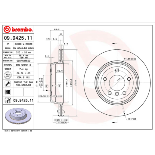 Brembo Disc Brake Rotor Rear - 09.9425.11