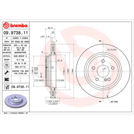 Brembo Disc Brake Rotor Rear - 09.9738.11