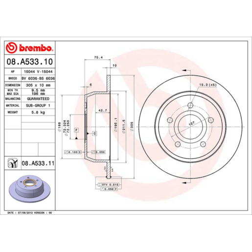 Brembo Disc Brake Rotor Rear - 08.A533.11