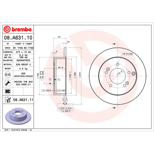 Brembo Disc Brake Rotor Rear - 08.A631.11