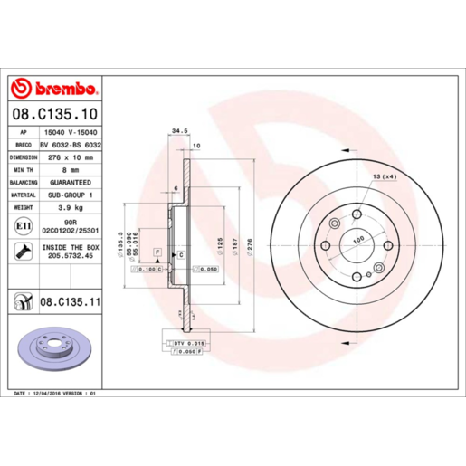 Brembo Disc Brake Rotor Rear - 08.C135.11