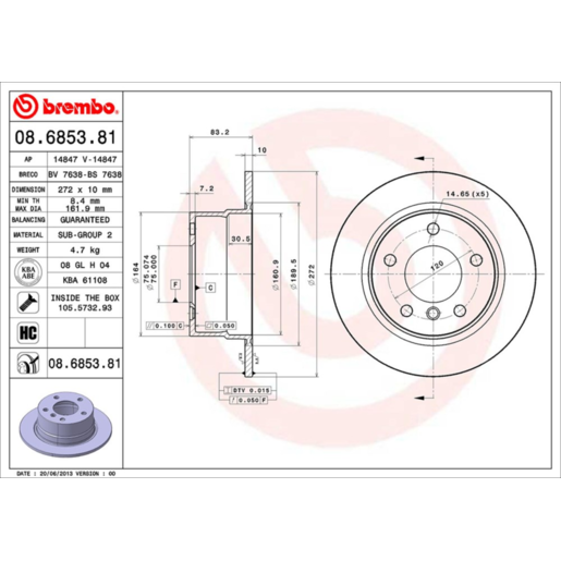 Brembo Disc Brake Rotor Rear - 08.6853.81