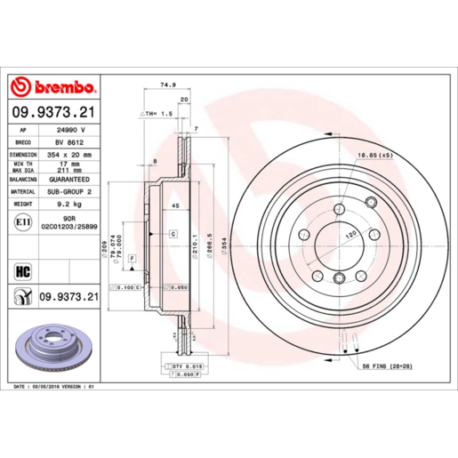 Brembo Disc Brake Rotor Rear - 09.9373.21