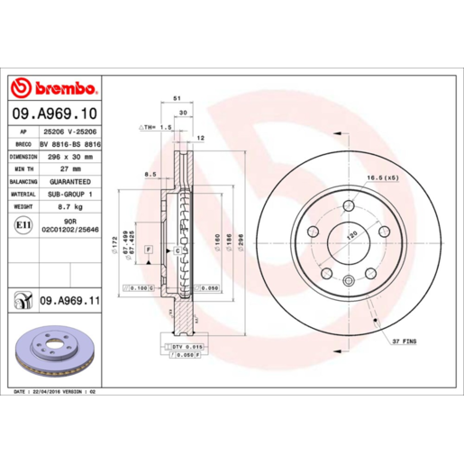 Brembo Disc Brake Rotor Front - 09.A969.11