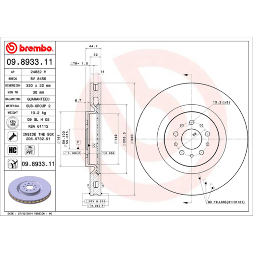 Brembo Disc Brake Rotor Front - 09.8933.11