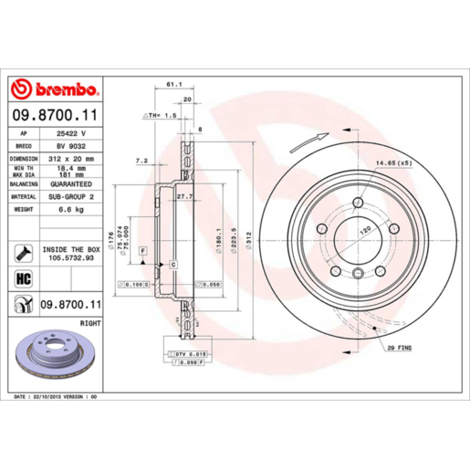 Brembo Disc Brake Rotor Rear - 09.8700.11