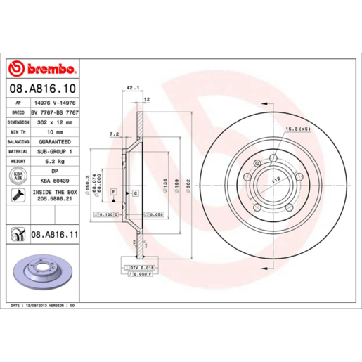 Brembo Disc Brake Rotor Rear - 08.A816.11