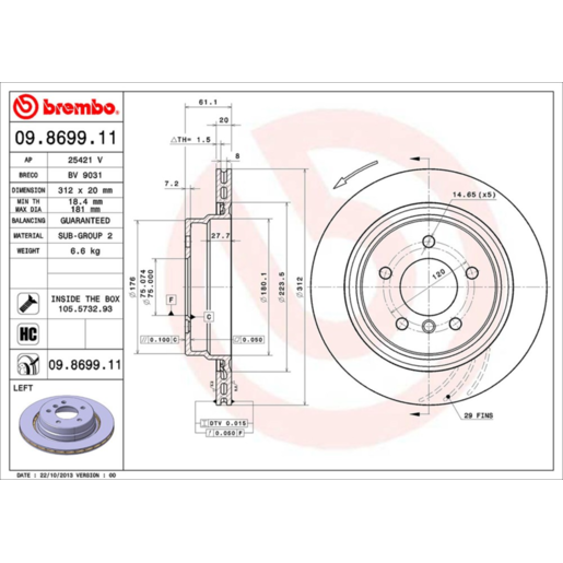 Brembo Disc Brake Rotor Rear - 09.8699.11