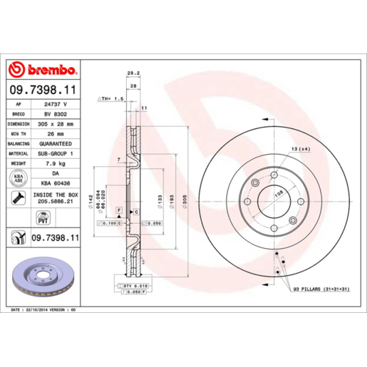 Brembo Disc Brake Rotor Front - 09.7398.11