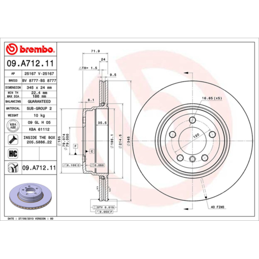 Brembo Disc Brake Rotor Rear - 09.A712.11