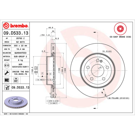 Brembo Disc Brake Rotor Rear - 09.D533.13