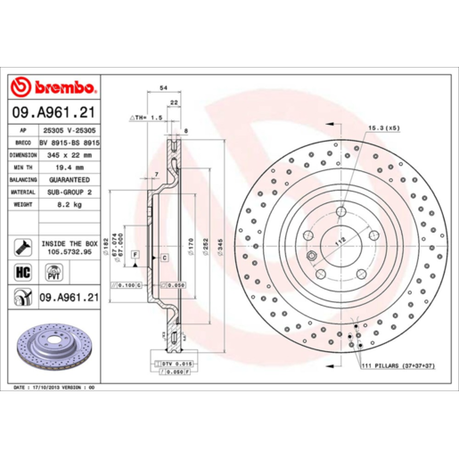 Brembo Disc Brake Rotor Rear - 09.A961.21