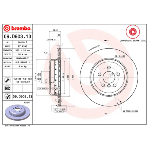 Brembo Disc Brake Rotor Rear - 09.D903.13