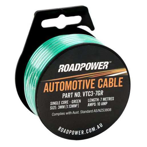 RoadPower Automotive Cable Single Core 3mm 7M 10A Green - VTC3-7GR