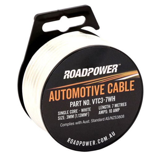 RoadPower Automotive Cable Single Core 3mm 7M 10A White - VTC3-7WH