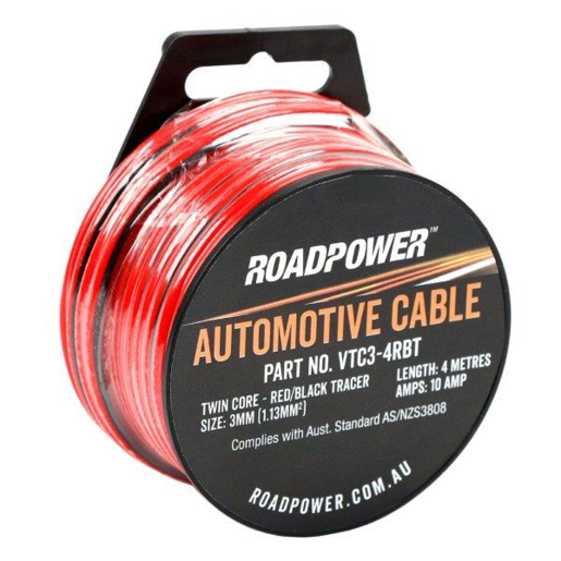 RoadPower Automotive Cable Single Core 3mm 4M 10A Red/Black Tracer - VTC3-4RBT