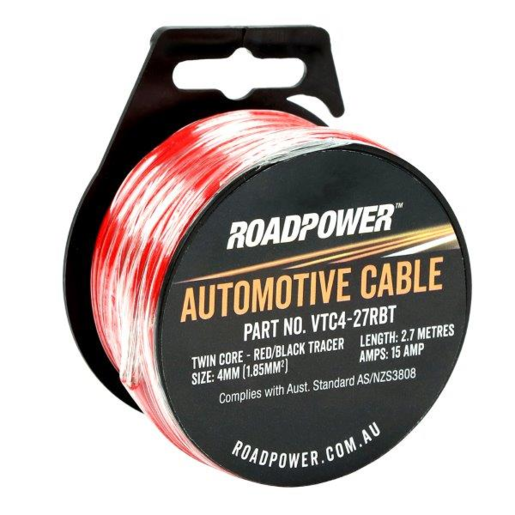 RoadPower Automotive Cable Single Core 4mm 2.7m 10A Red/Black Tracer- VTC4-27RBT