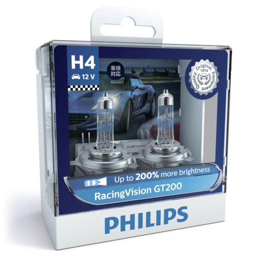 Philips H4 RacingVision GT200 12V Car Headlight Bulb 200 60/55W PK2 - 12342RGTS2