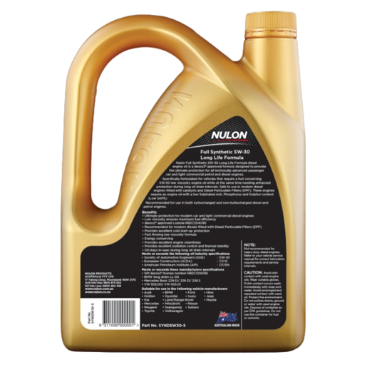 Nulon Full Synthetic 5W-30 Dieseil Engine Oil 5L - SYN15W50-5