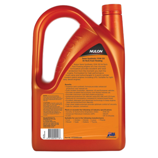 Nulon Semi Synthetic 10W-30 Hi-Tech Fast Flowing Engine Oil 6L - HT10W30-SIX