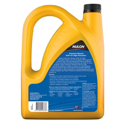 Nulon High Kilometre 20W-50 Premium Mineral Engine Oil 5L - PM20W50-5