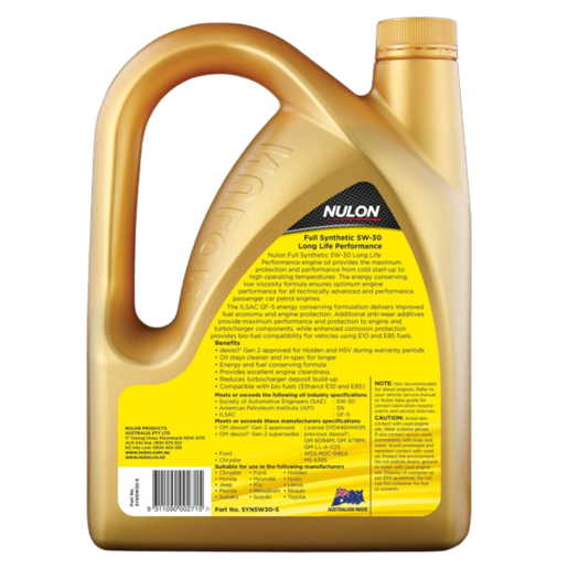 Nulon Full Synthetic 5W-30 Long Life Performance Engine Oil 5L - SYN5W30-5