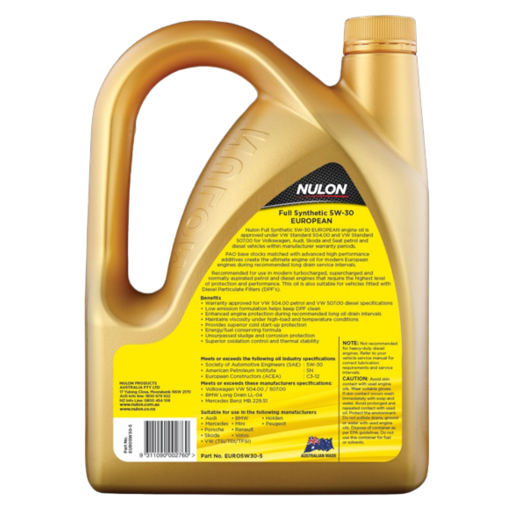 Nulon Full Synthetic 5W-30 European Engine Oil (EURO5W30) 5L - EURO5W30-5