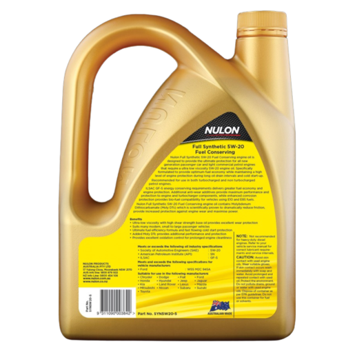 Nulon Full Synthetic 5W-20 Fuel Conserving Engine Oil 5L - SYN5W20-5