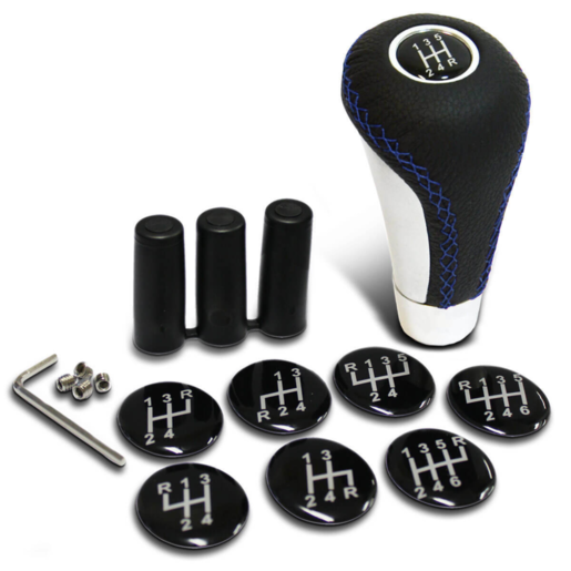 SAAS Leather Gear Knob Blue Stitched Aluminium Insert w/8 ShiftPatterns - SGKEL