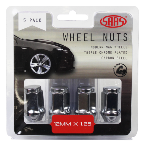 SAAS Wheel Nuts Flat Head Bulge 12 x 1.25 Chr 35mm 5Pk - 435955