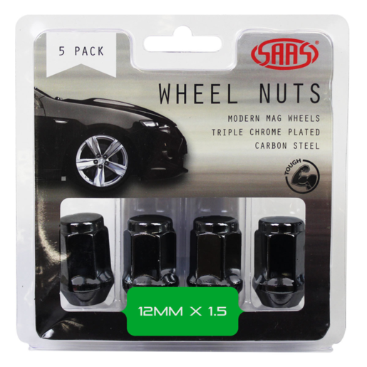 SAAS Wheel Nuts Flat Head Bulge 12 x 1.50 Black 35mm 5Pk - 435965BC