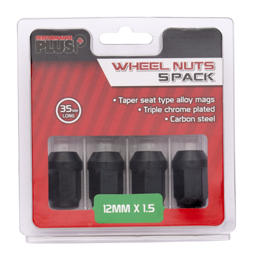 PerformancePlus Wheel Nuts Flat Head Bulge 12 X 1.50 Black 35mm 5Pk - PP435965BC