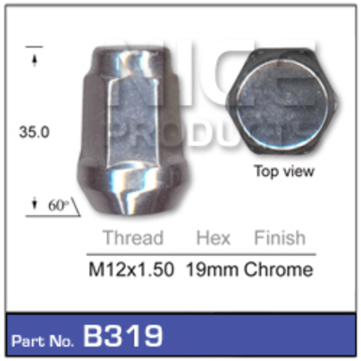 Nice Wheel Nut M12x1.50 Thread 19mm Chrome (Sold Individually) - B319