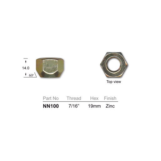 NN100-5 STD. WHEEL NUT TAPERED 7/16IN 19MM HEX